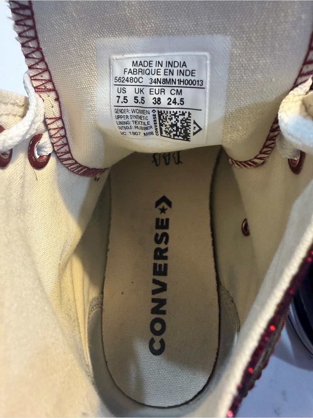 Converse Chuck Taylor All Star High Top 7.5 Burgundy Red Glitter Sparkle - Picture 10 of 10